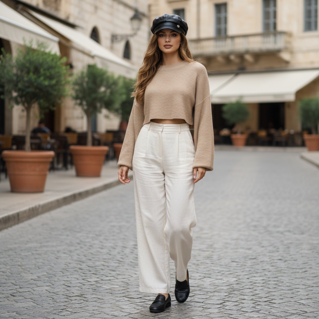 A young woman wearing an Avélor Vintage PU Newsboy Cap, posing naturally outdoors in a candid, editorial-style portrait.