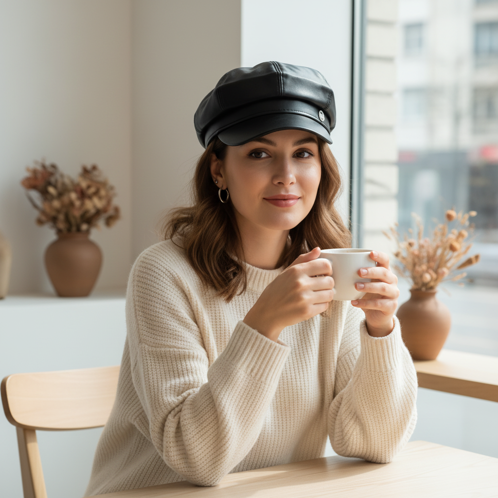 Woman @Nuramae wearing an Avélor Vintage PU Newsboy Cap in a natural, candid setting, showcasing its classic style.