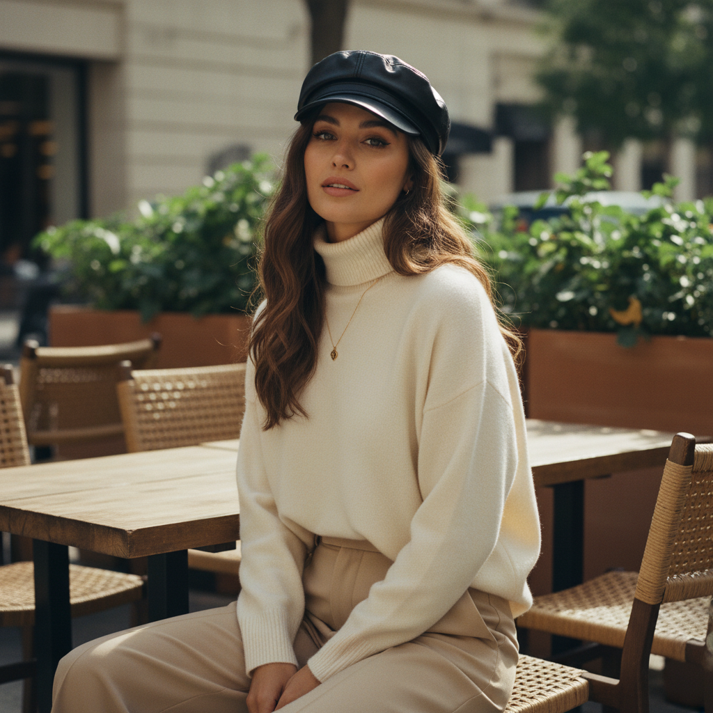 Woman wearing a vintage PU newsboy cap with a modern style in a natural, candid setting.