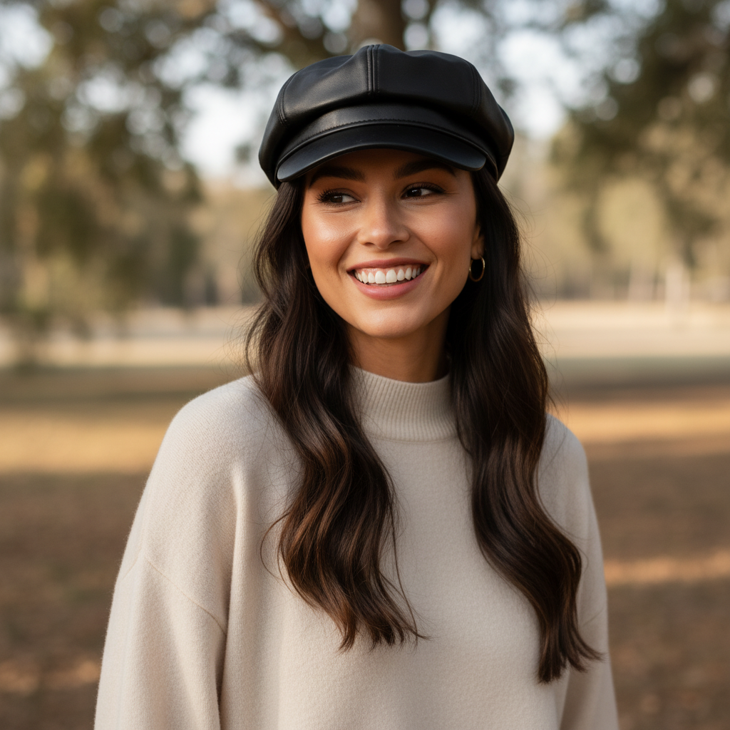 Woman with an authentic smile wearing the Avélor Vintage PU Newsboy Cap outdoors in a natural setting.