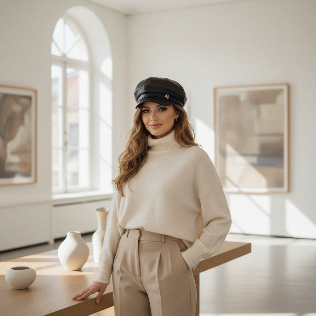 Woman with elegant, minimalist style wearing the Avélor Vintage PU Newsboy Cap in a candid, natural setting.