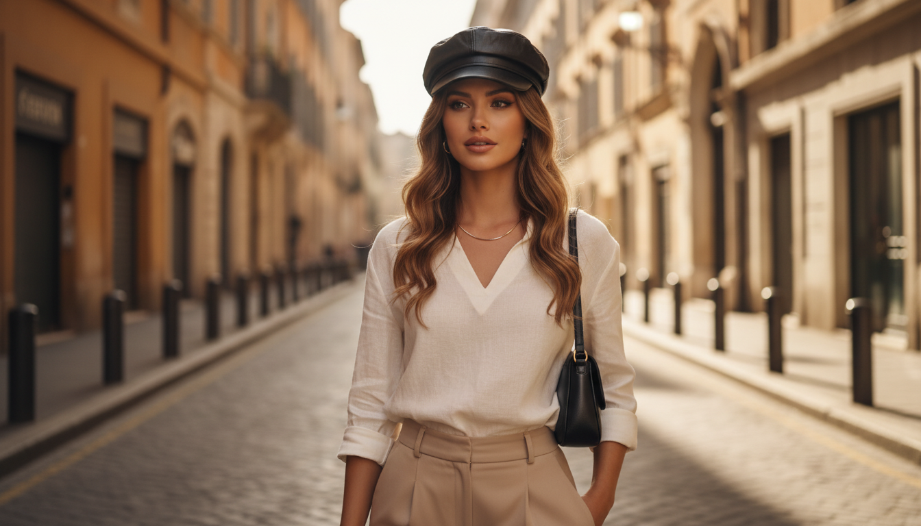 Woman wearing a brown Avélor Vintage PU Newsboy Cap outdoors in a sun-drenched European-inspired urban setting.