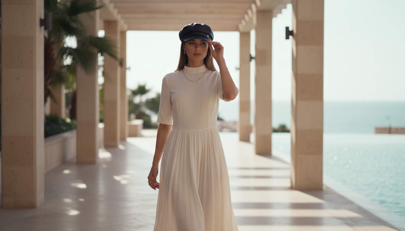 Woman wearing an Avélor Vintage PU Newsboy Cap, styled with resort wear, in a luxurious and modern setting.